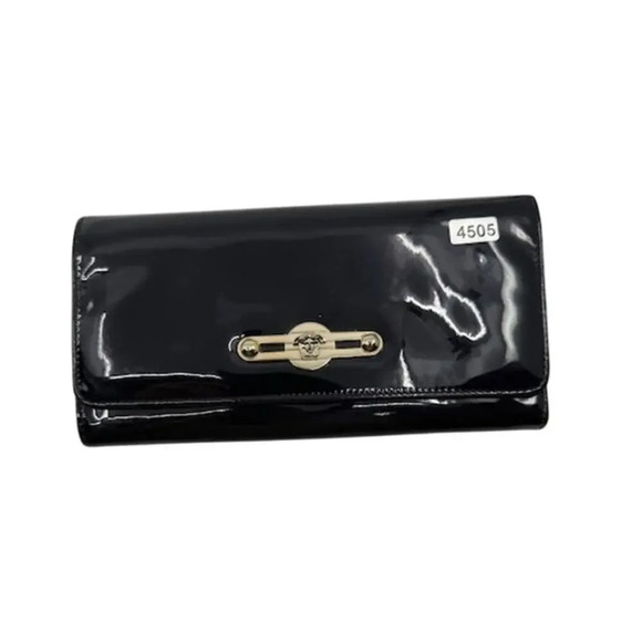 Versace Bifold Clutch Long Wallet Snap Closure Patent Leather Black Womens